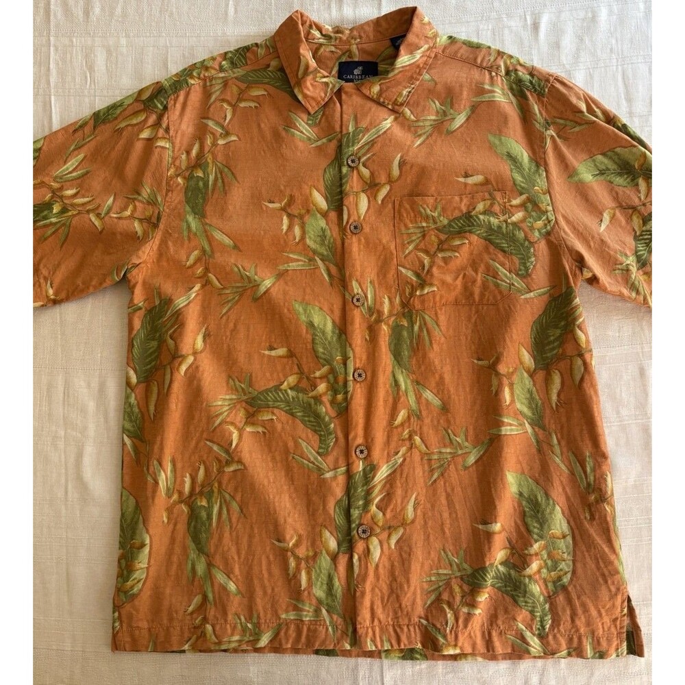 Caribbean Joe Mens L, 100% Silk Hawaiian Shirt Orange Floral Tropical Camp